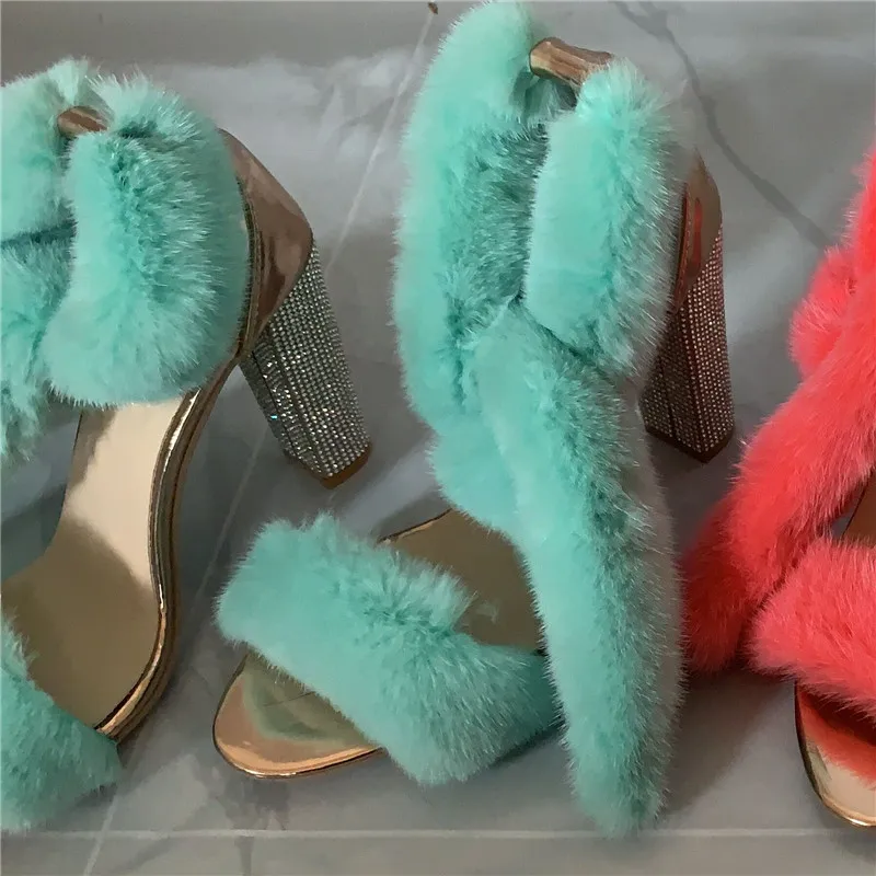 

Women's Sandals 100% Mink Fur Sandals And Slippers High Heel Strap Fashion Slippers