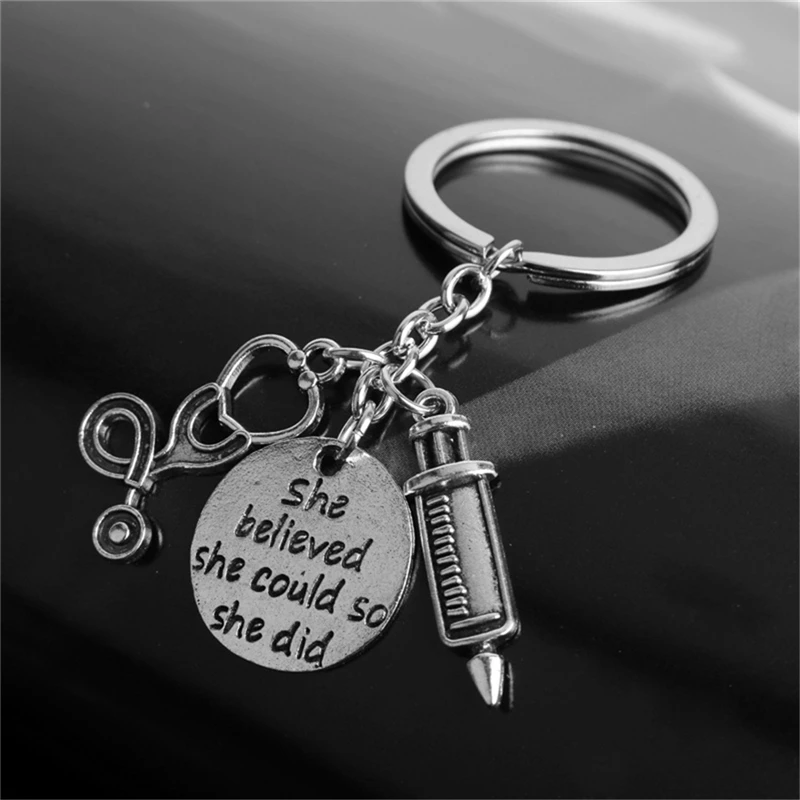 Fashion Letter KeyChain Doctor Aid Kit Mini Syringe Thermometer Ambulance Dentist Angel Stethoscope Keychain Gift Souvenir | Украшения и