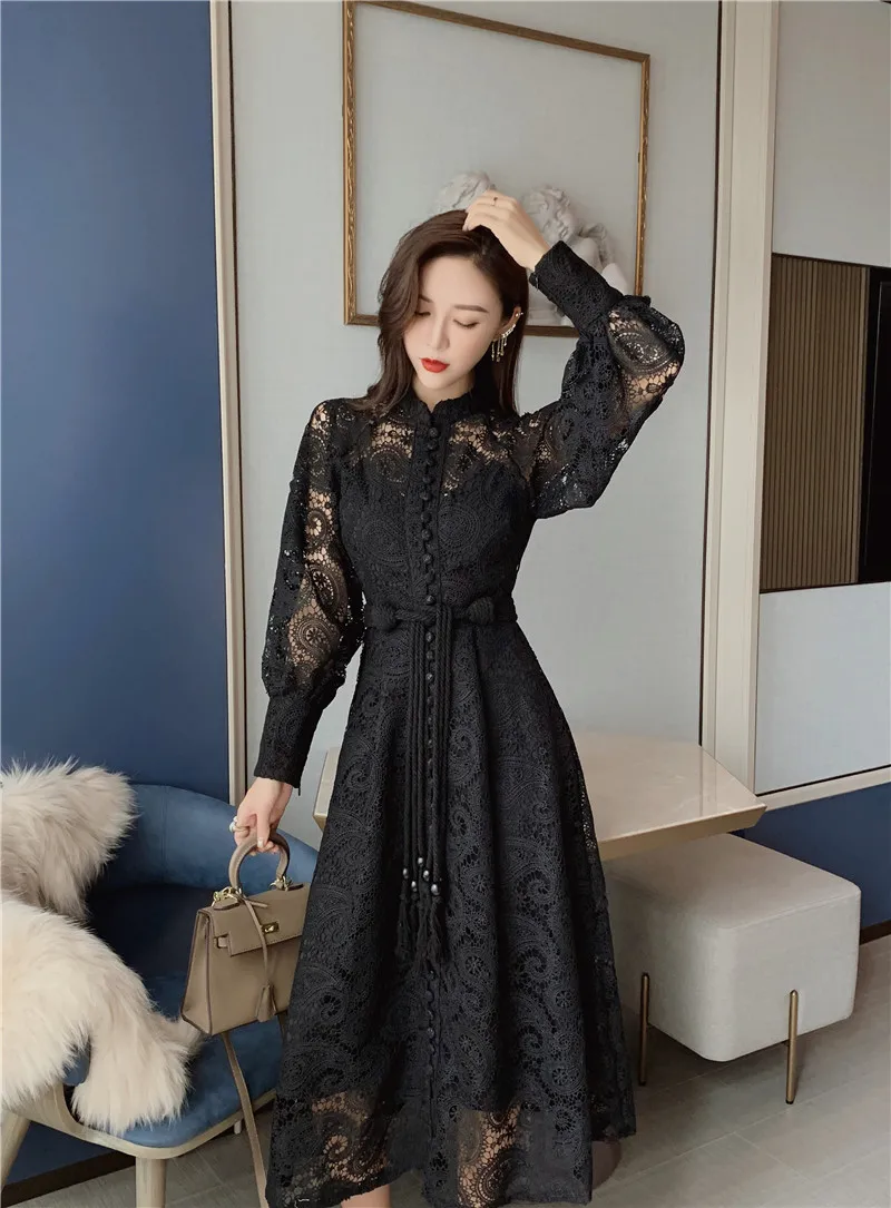 Comelsexy Модное Новое Осеннее корейское женское платье со стоячим воротником и рукавами-фонариками, с высокой талией, облегающее Бандажное платье миди для женщин