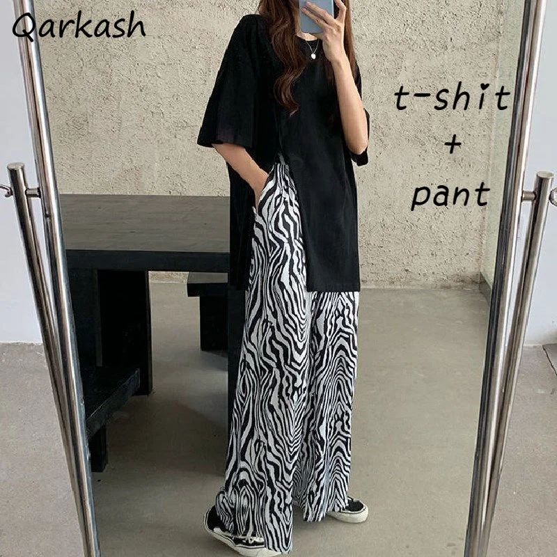 

Sets Women Summer Irregular Side-slit Design Solid Fashion T-shirts Casual Female Harajuku Retro Wide Leg Trouser Chic 2 Piece