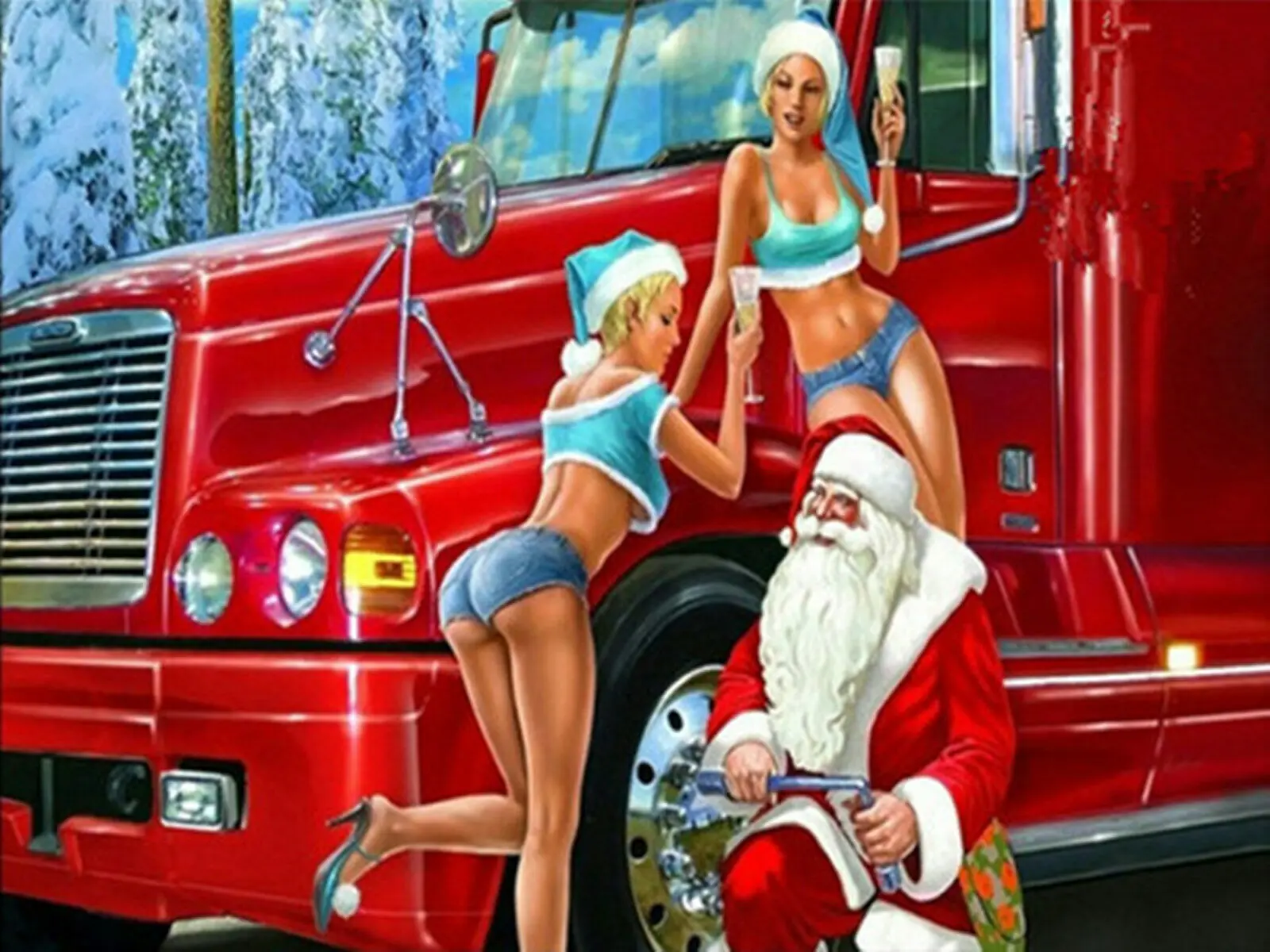 Красный грузовик Санта Клаус с сексуальной женской алмазной картиной | Дом и сад