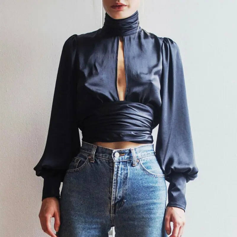 

Autumn Fashion Women Lady Girls Work Office Loose Long Puff Sleeve Blouses Backless Work Shirt OL Solid Blouse Loose Tops