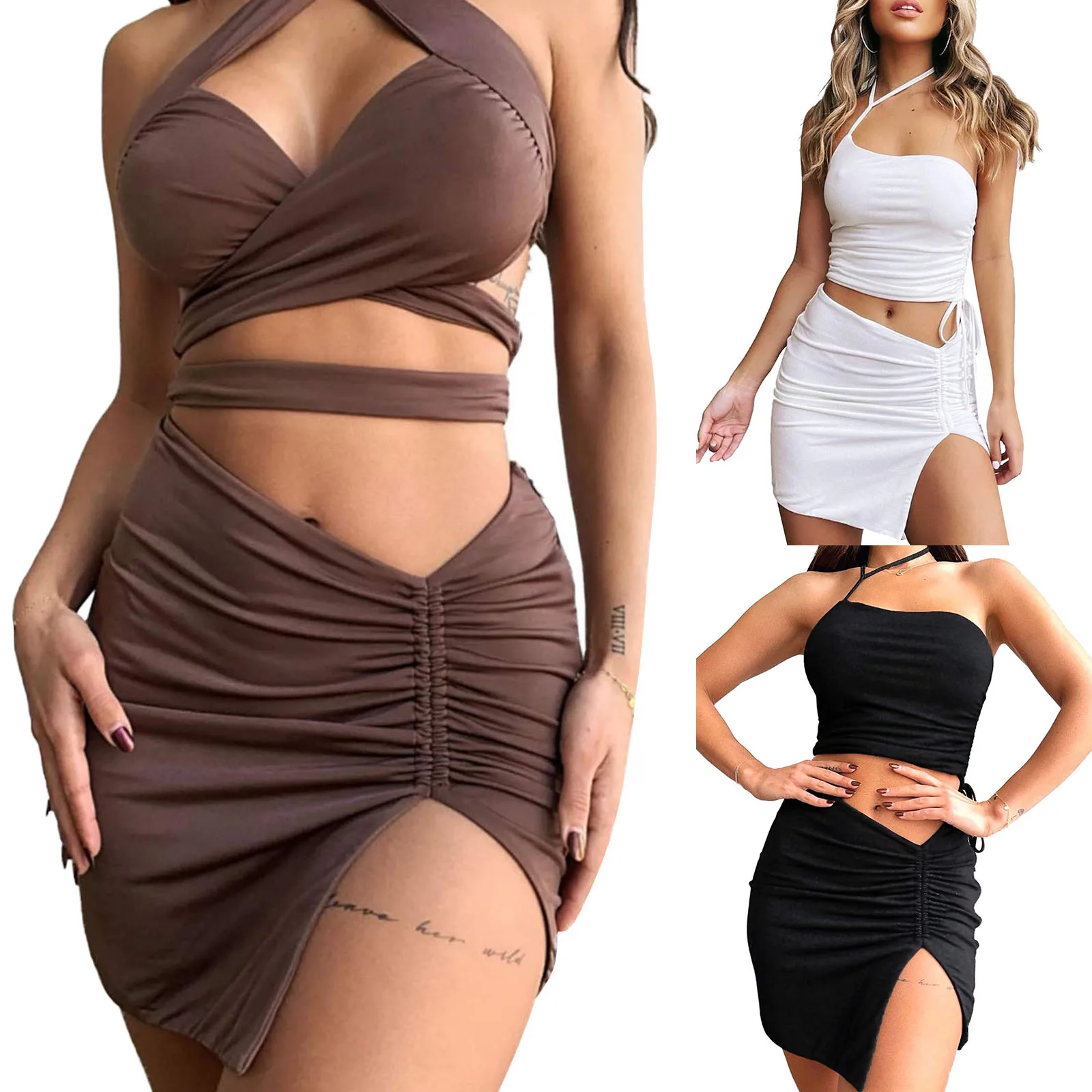 

Goocheer Sexy Fashion Wraps Skirt Package Hip Bottoms Solid Ruched High Waist Bodycon Mini Skirt With Drawstring Club Party