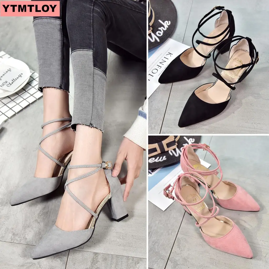 

Scrub leather single shoes female summer 2019 new pointed thick with cross with wild hollow high heel sandals