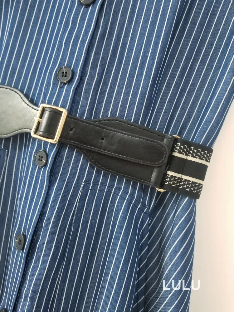 

Big brand, casual, tencel cotton fabric, printing, belt, ladies, stripes, pleated dress 2020New women's summer, big swing, dress