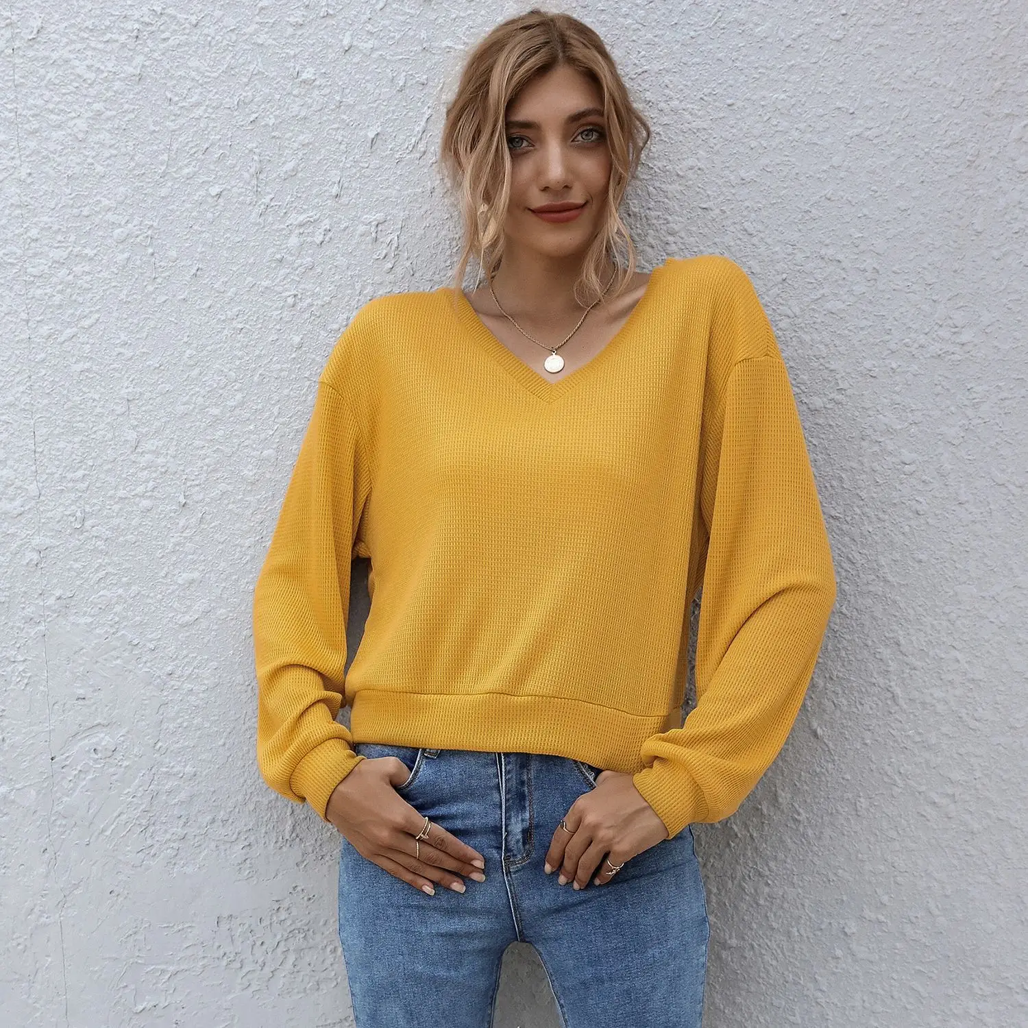 

Fannic 2020 Autumn and Winter Casual solid color V-neck loose long-sleeved sweater women