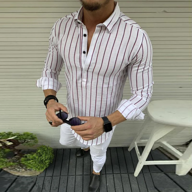 

Casual Long Sleeve Male Autumn Shirt 2021 Summer Fashion Striped Printed Slim Shirt Business Men Turn-down Collar Buttoned Shirt