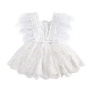 0-24M Princess Newborn Baby Girls Rompers Lace Flowers Feather Sleeve Jumpsuits One Piece