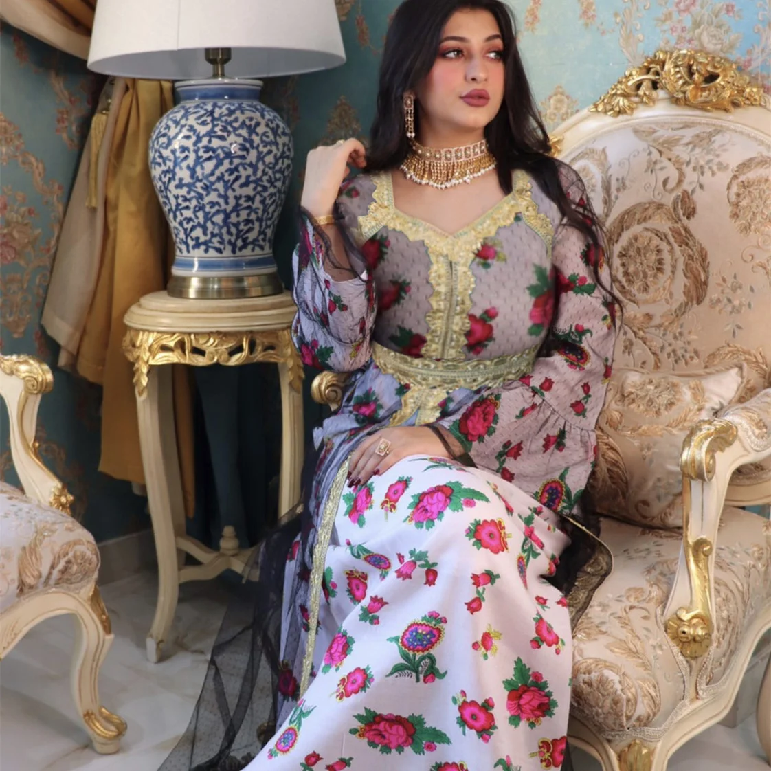 Новинка 2021, кружевное Сетчатое платье в этническом стиле с принтом и вышивкой, Дубай, мусульманская женщина, Абая турецкие платья, Халат