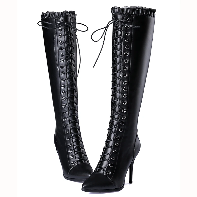 ENMAYER 2020 New Fashion High Quality Women Cow Leather Lace-up Knee Boots Lady Pointed Toe Heel | Обувь