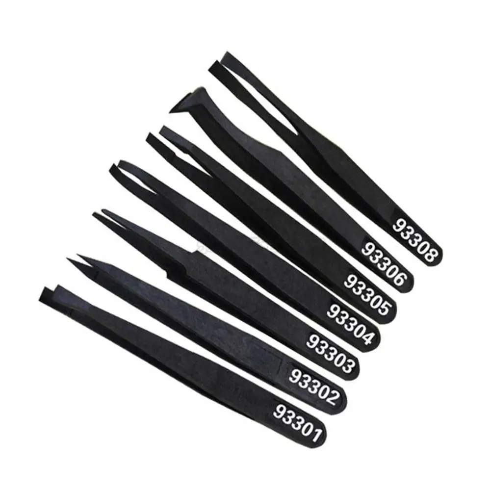 

5pcs Anti-static Black Carbon Fiber Tweezers Hand Tools Kit Plastic Pointed Flat Head Elbow Round Wide Mouth Flat Head Tools