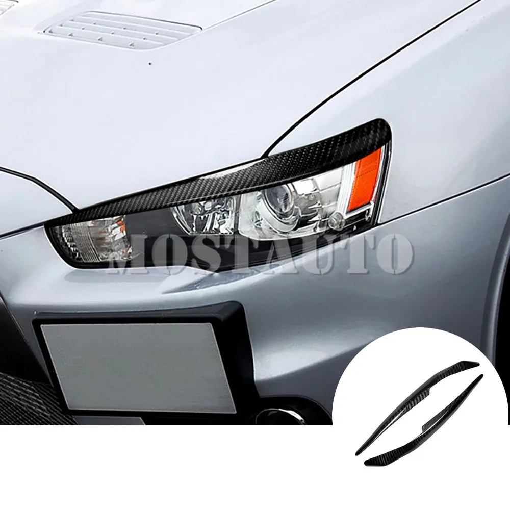 For Mitsubishi Lancer EVO Real Carbon Fiber Exterior Headlight Cover Eyelid Eyebrow Trim 2008-2014 2pcs Car Accessories