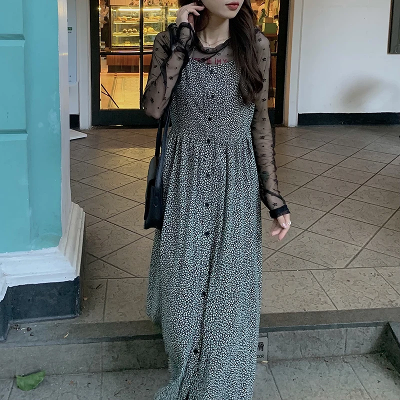 

Summer Women's Green Floral Strap Dress Casual Loose Single-Breasted Lace A-Line Dress Female Vestidos