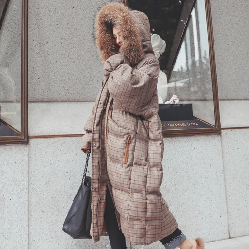 New Winter Jacket Women Long Coat Plaid Parka Down Fur collar Hooded Thick Warm Cotton clothing Loose Overcoat Tide | Женская одежда