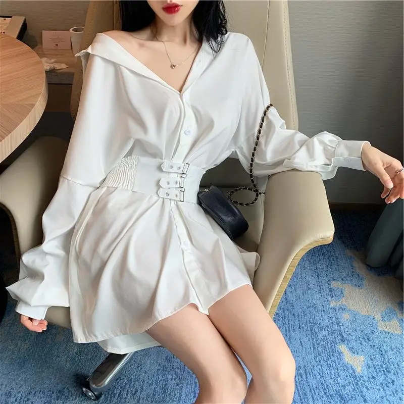 

Mozision 2021 Spring New Lapel Corset Shirt Dress For Women Solid Single Breasted Loose Tops Female 2021 New Simple Blouse