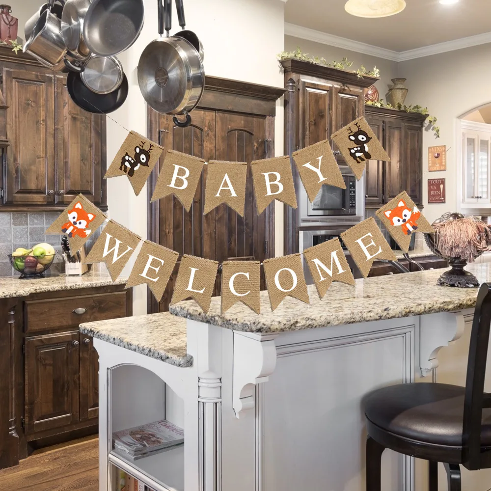 

Woodland Fox Welcome Baby Burlap Banner Woodland Creatures Fawn Forest Animal Friend Garland for Baby Shower Party Decoration