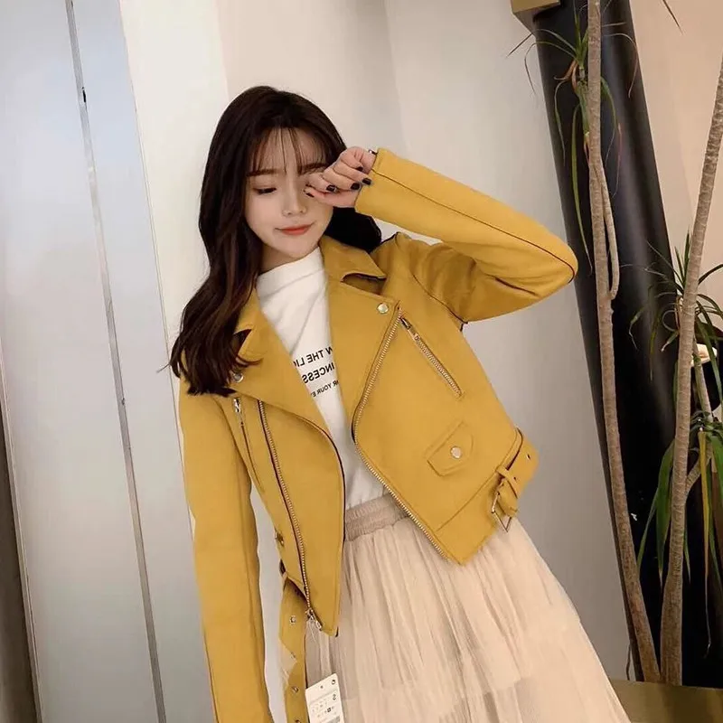 

LY VAREY LIN New Autum Vintage Yellow Suede Leather Jacket Streetwear Female Biker Turn Down Collar Basic Short Black Coat