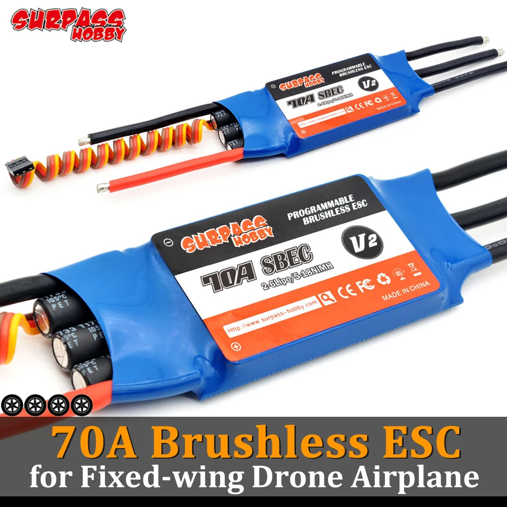

SURPASS HOBBY 2pcs 70A Brushless ESC SBEC 5A Electronic Speed Controller for RC Fixed Wing Drone Airplane Aircraft Helicopter