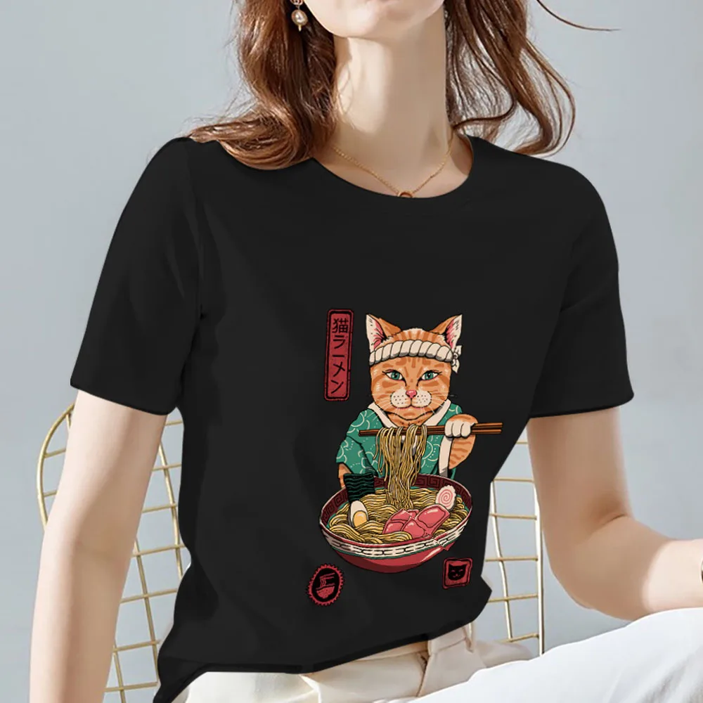

Japanese Women's T-shirt Tops Fashion Sweet Style Casual Cartoon Cat Pattern Printing Slim O-neck Commuter Black Short Sleeves