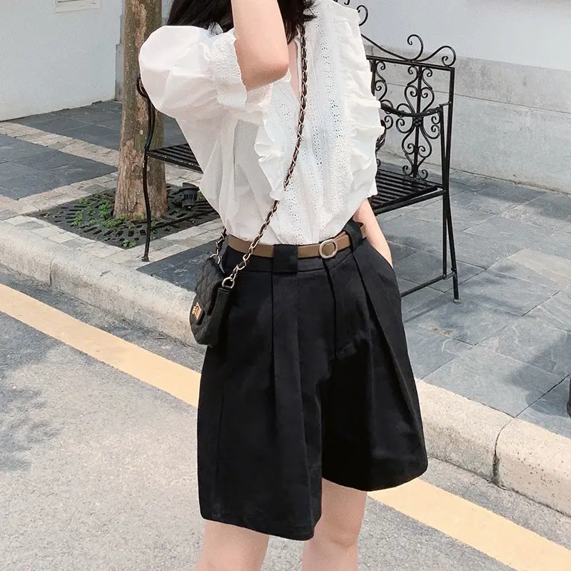 

2021 New Summer Women Elastic High Waist Wide Leg Solid Suit Shorts Fashion Korean Slim Casual Loose Straight Hot Shorts Z152