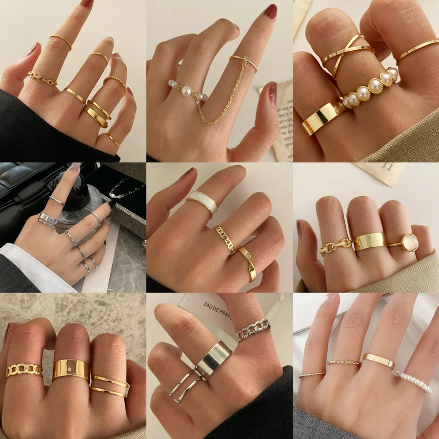 

Fashion 8pcs Hiphop Punk Gold Chain Rings Set For Women Girls Irregular Finger Rings Gift Female Knuckle Ring Jewelry Party 2022