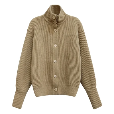 

Stand-up collar knitted cardigan 2021 spring women's foreign style loose sweater coat lazy high-necked retro top