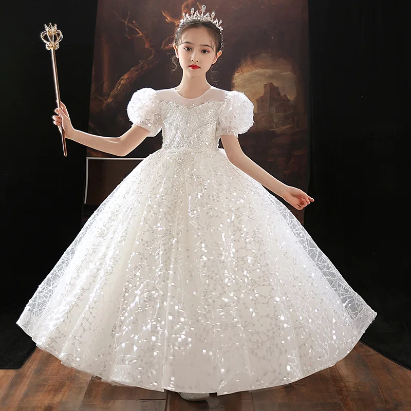 

Children Princess Sequined Ball Gown Girl Long Elegant Puff Sleeve Ceremonial Dress Kid Special Occasion Frock Baby Gala Dresses