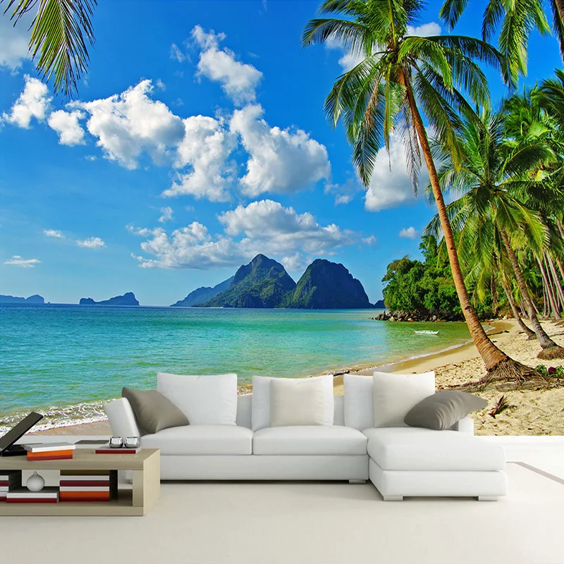 Пользовательские 3D обои фрески голубое небо белые облака морской остров пляж