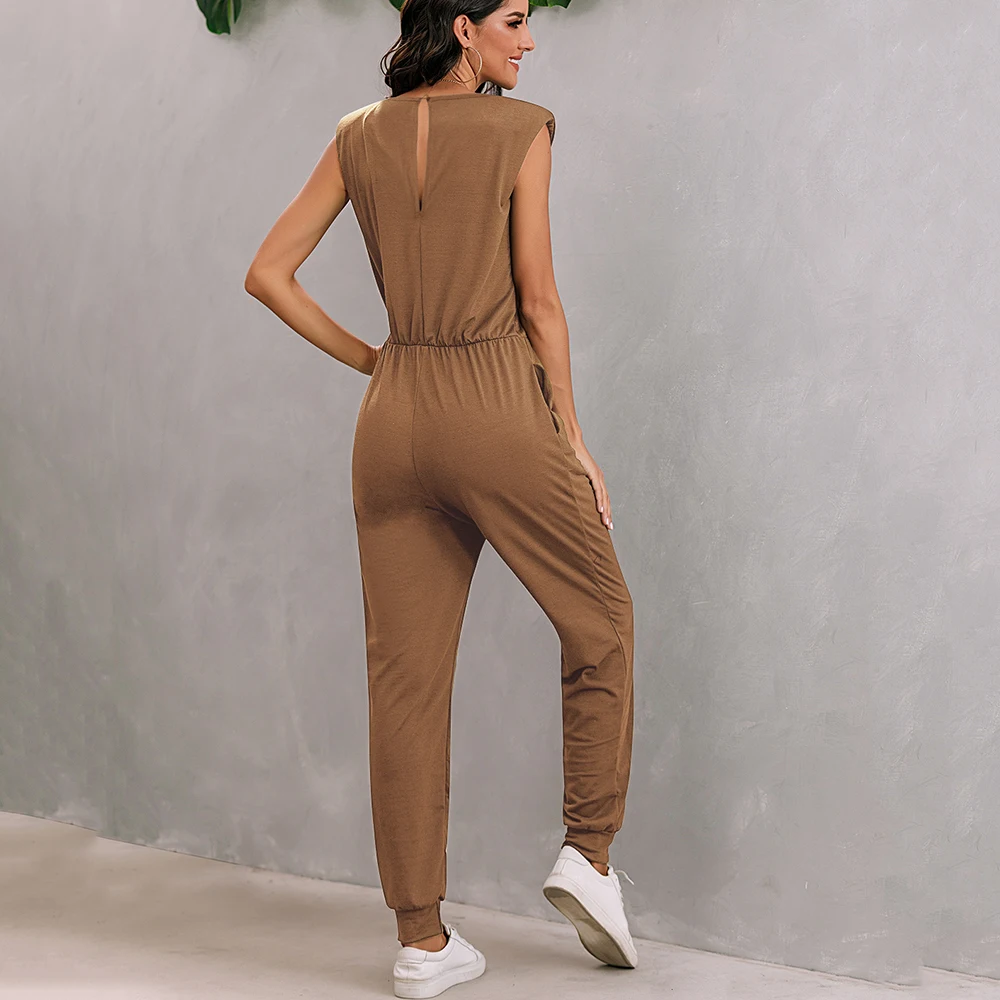 

Hollow Out Jumpsuits Women 2021 Summer Sleeveless O Neck Lace Up With Pockets Ladies Casual Solid Color Overalls Bodysuits