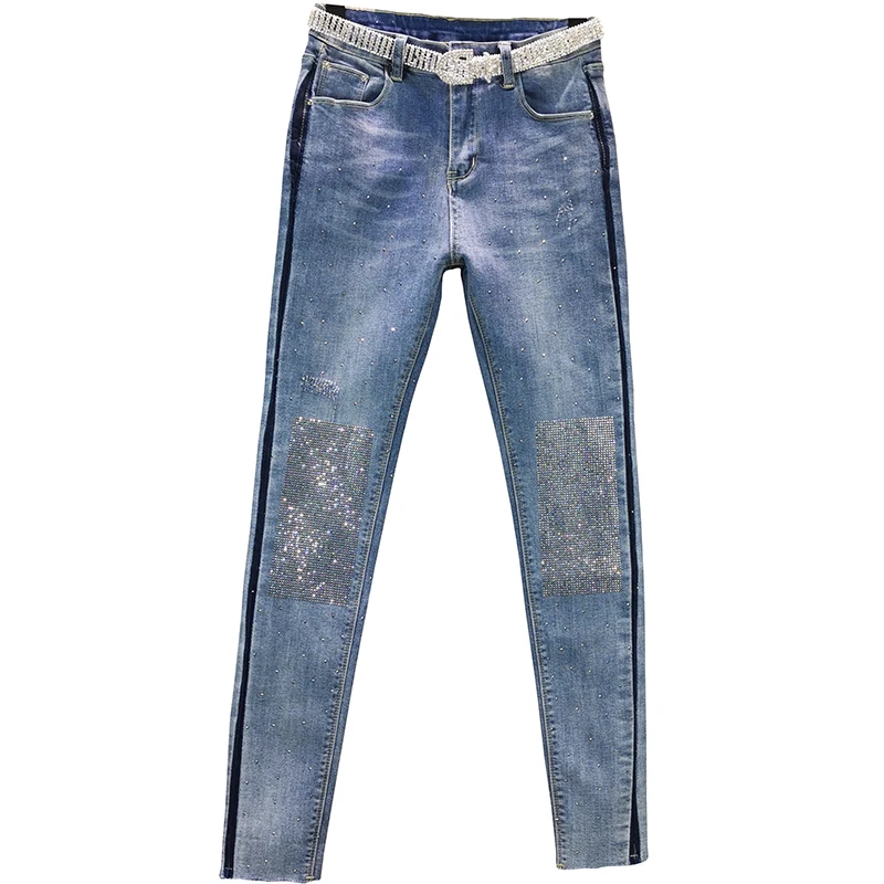 

Rhinestone jeans for women summer new new high waist slim side striped full length sexy club shine female jeans top quality