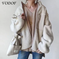 vodof fashion lamb wool autumn winter coat women jacket fleece shaggy warm cropped jackets overcoat single breasted outwear