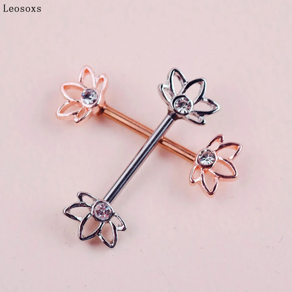 

Leosoxs 2pcs New Product Stainless Steel Hollow Vacuum Plating Nipple Ring Flowers Nipple Nails Fashion Piercing Jewelry