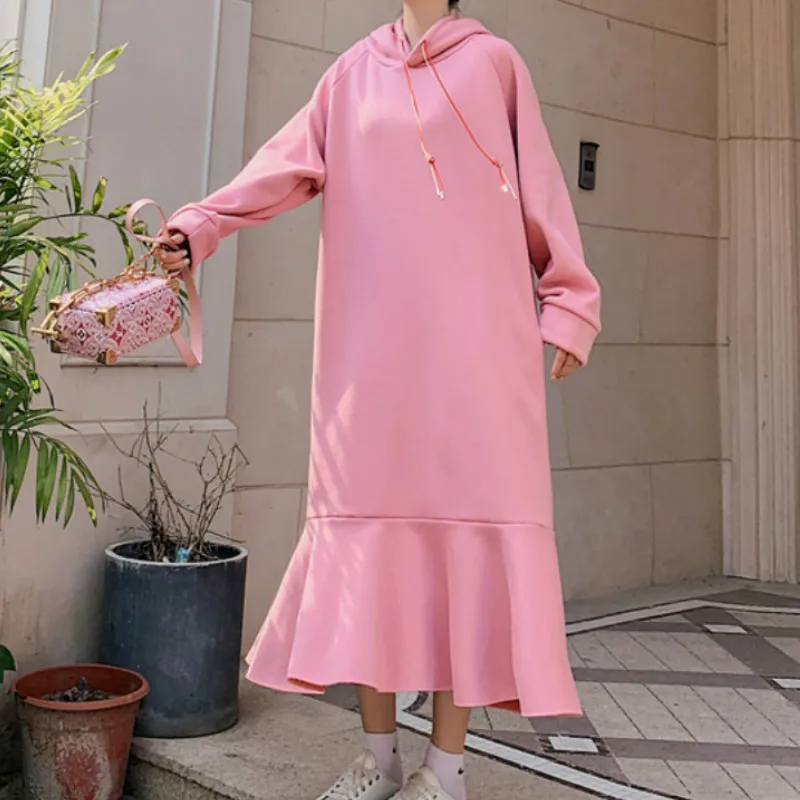 

Hoodies Oversized Sweatshirt Women Winter Fleece Warm Long Hooded Pink Kawaii Sweatshirts Dress Femme Japanese Fashion Clothes