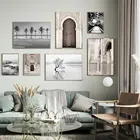 Постер на стену в скандинавском стиле с изображением сафьянской двери, Картина на холсте, архитектура, черно-белая лодка, дорога, пальма, настенные картины для декора гостиной