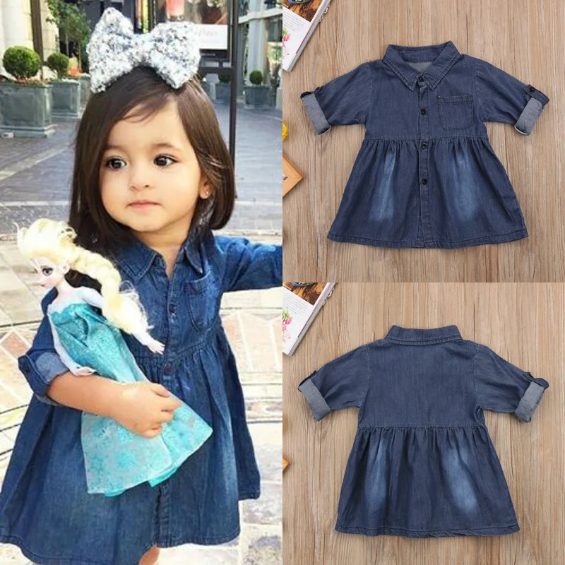 

Baby Girls Summer Denim Princess Dress Single-breasted Half Sleeve Turn-down Collar Dresses Kids Casual One-piece Clothes