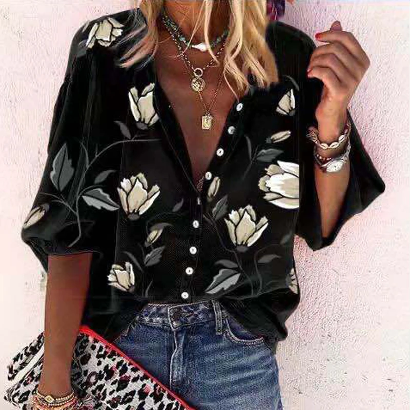 

Women Lantern Sleeve Print Blouses Shirts 2021 Spring Casual Office Ladies Button Tops Fashion Turn-Down Collar Boho Blusas 5XL