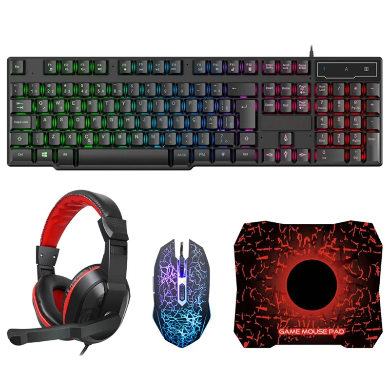 

Mechanical keyboard + mouse+ headset + pad mat set Colored light Game backlit Wired fingerboard gaming headphone mousepad