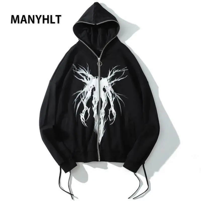 

Men Hoodie Punk Graphic Print Zipper Ribbon Lovers Hooded Casual Black Cool Oversize Coat Fashion Sweatshirt Streetwear Autumn