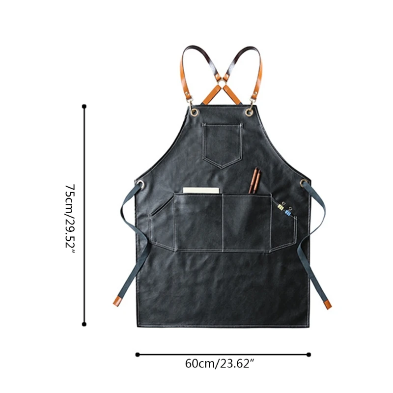 

066E Leather Working Apron Cross Back Adjustable Chef Apron Multi-pocket Sleeveless Adjustable Strap and Large Pockets