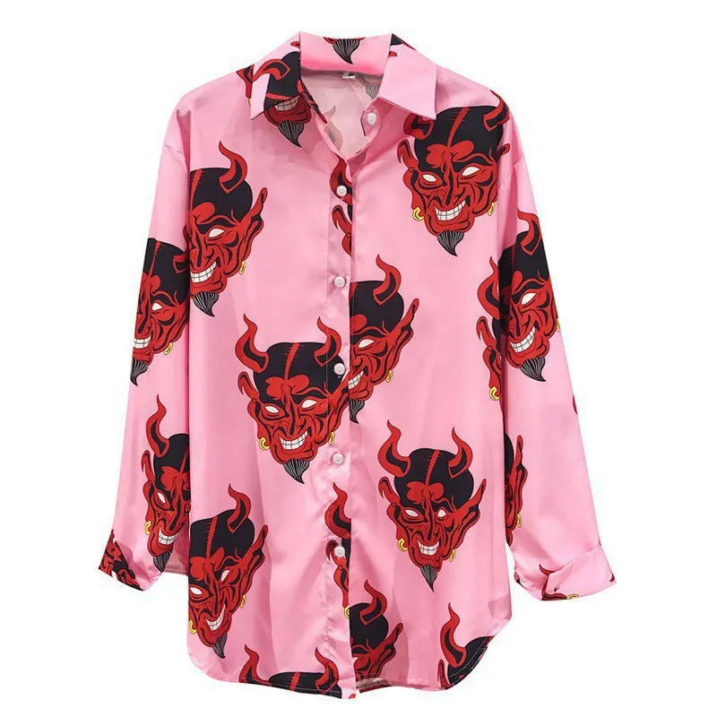 

Summer Fashion Women Casual Loose Shirts Cartoon Print Long Sleeves Shirt Plus Size Buttons Tops Streetwear