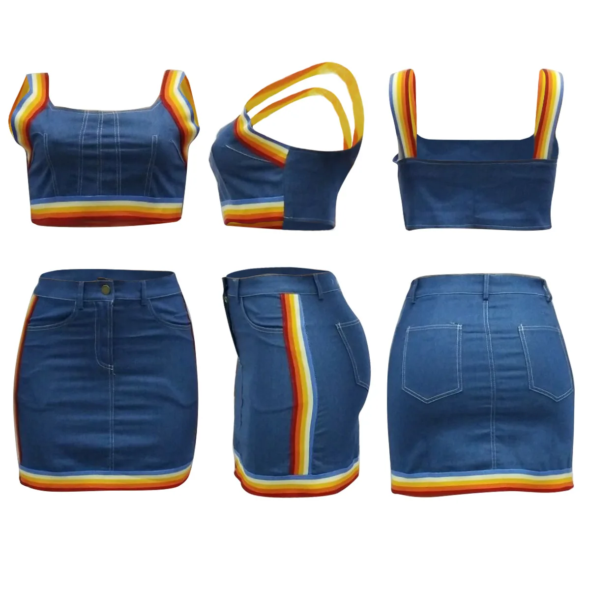 

European and American Jeans Slim-Fit Colorful Narrow Goods Denim Bag Hip Casual Two-Piece Set (Waistband)