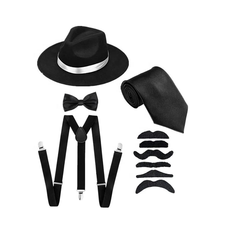 black set Ecoparty 1920s мужские аксессуары Гэтсби Гангстерский костюм аксессуары набор Newsboy плоская шляпа Y костюмы на Хэллоуин для мужчин взрослых - Цвет: black set