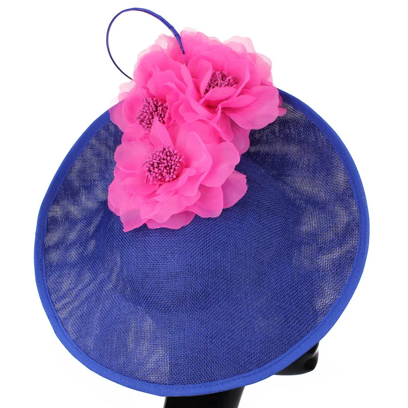 blue with hot pink Богатые женские большие Дерби шляпа шляп для торжественного случая украшена очаровательными цветами головные уборы аксессуары женский головной убор повязка на голову, модная мягкая фетровая шляпа - Цвет: blue with hot pink