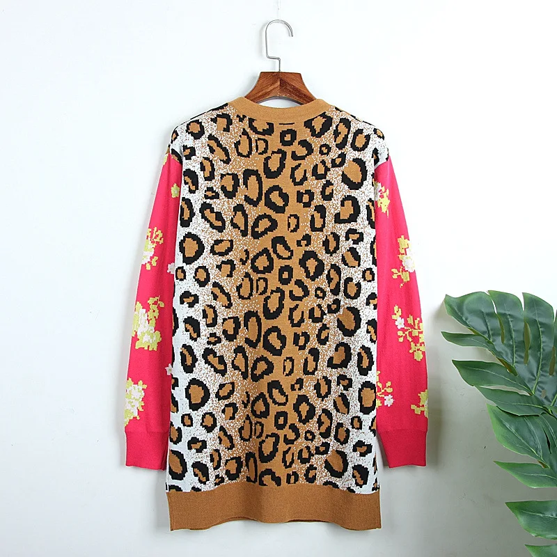 

Leopard Acquard Long Cardigan 2019 Fall V-neck Single Breasted Sweater Coat Knit Wool Blend Long Cardigans Coat Women Sweaters
