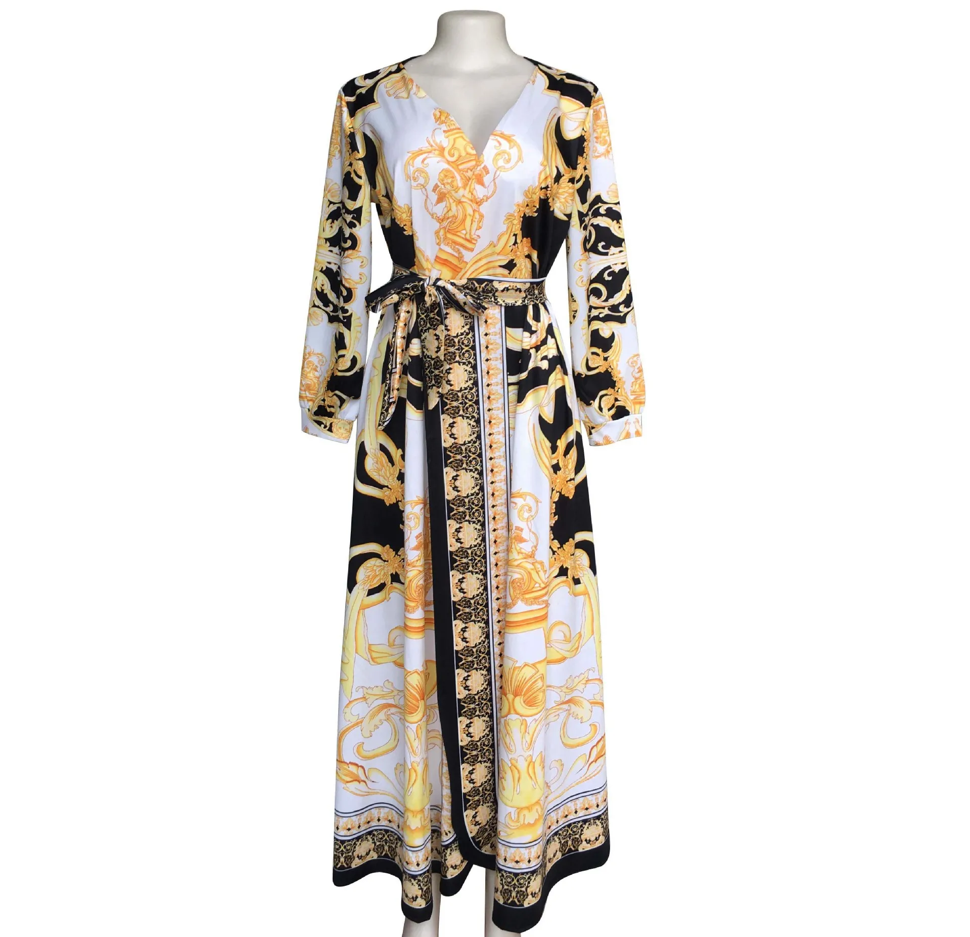 

African Dresses Women Print High Split Elastic Bazin Long Sleeve Lace-up Boho Dress Sexy Beach Vestidos Digital Printed Summer