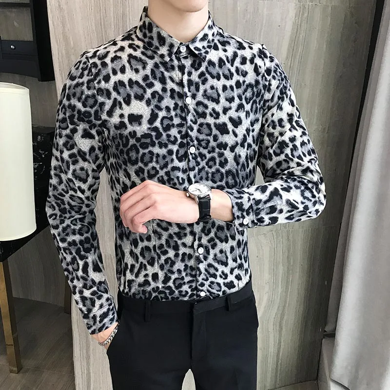 Корейская уличная мода весна осень леопардовая печатная Рубашка мужская