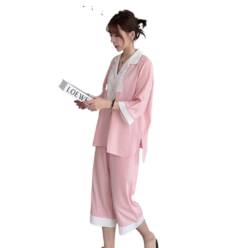 2021 New Spring Summer Korean 3/4 Sleeve Lace Sexy Pajamas Sets Women's Loose Comfortable Nightwear Home Wear Sleepwear Thin