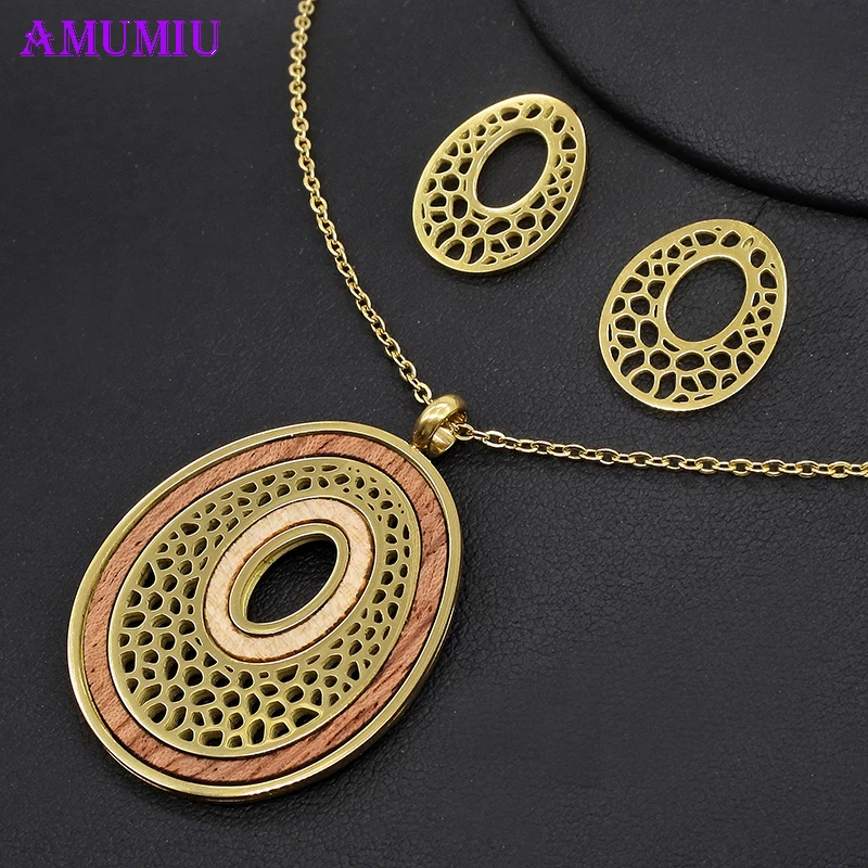 AMUMIU деревянная подвеска ожерелье серьги комплект модные ювелирные изделия