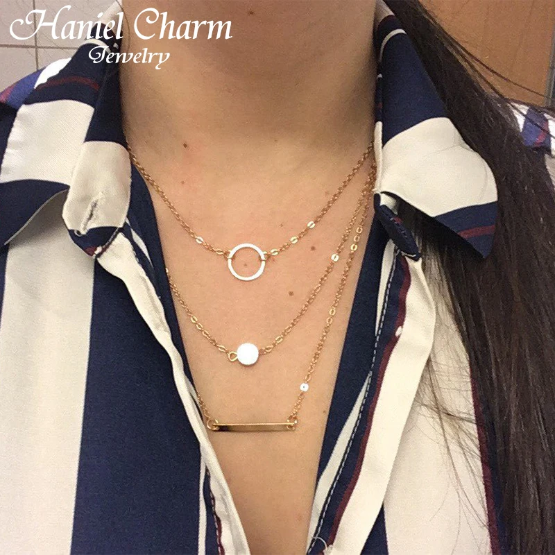 

Hot Sale Fashion Statement Multilayer Necklace Multi-element Metal Rod Circles Geometric Round Chokers Necklaces Women Jewelry