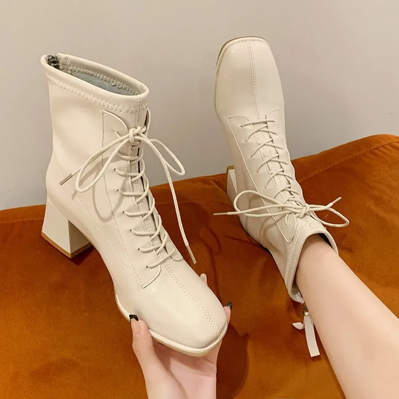 

Women Square Head Ankle Boots Fashion Cross Strap Square High Heels Winter Shoes Zipper Office Lady Boots Casual Martin Boots